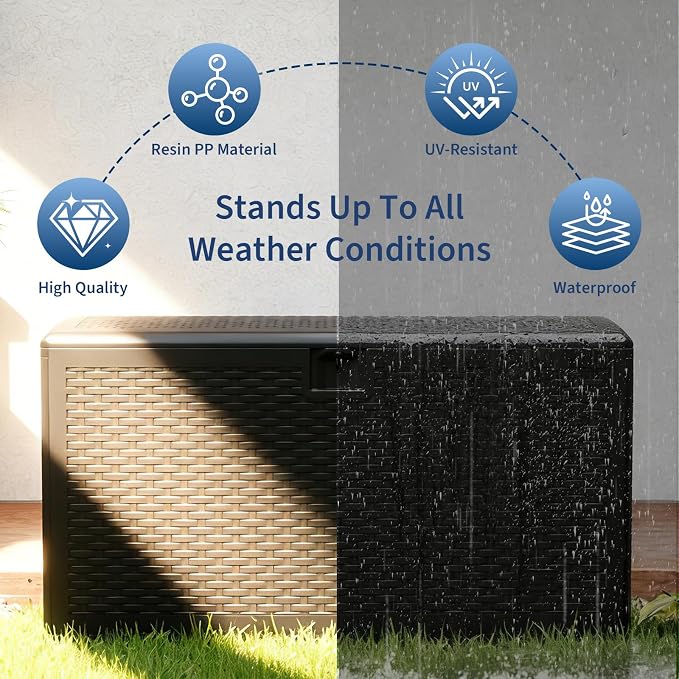 IDEALHOUSE 73 Gallon Deck Box, Waterproof Resin Outdoor Storage Box, Lockable Patio Container & Bench for Furniture Cushions, Garden Tools,Black