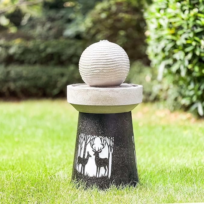 Outdoor Water Fountain with LED Lights, 32" Garden Fountain with Sphere Ball & Deer Silhouette, Textured Stone Finish Patio Fountain with Pump for Yard Deck Backyard Decor, White+Gray