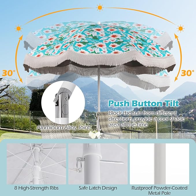 6.5 FT Outdoor Fringe Umbrella, UV 50+ Protection Boho Umbrella with Sand Anchor, Tilt Sun Shelter& 8 Ribs, Portable Beach Umbrella with Carry Bag, Vintage Patio Umbrella for Deck Poolside