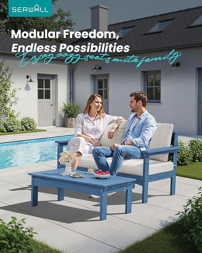 SERWALL HDPE Patio Sofa Set, 3 Pieces Conversation Set, All-Weather Outdoor Couch Sectional Sofas with Removable Cushions and Coffee Table for Balcony, Garden, Poolside, Blue Frame with Khaki Cushion