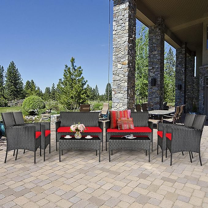 HAPPYGRILL 8 Piece Patio Furniture Set Rattan Wicker Conversation Set with Tempered Glass Top Table, Outdoor Wicker Sofa Set with Removable Cushions for Poolside Garden Backyard