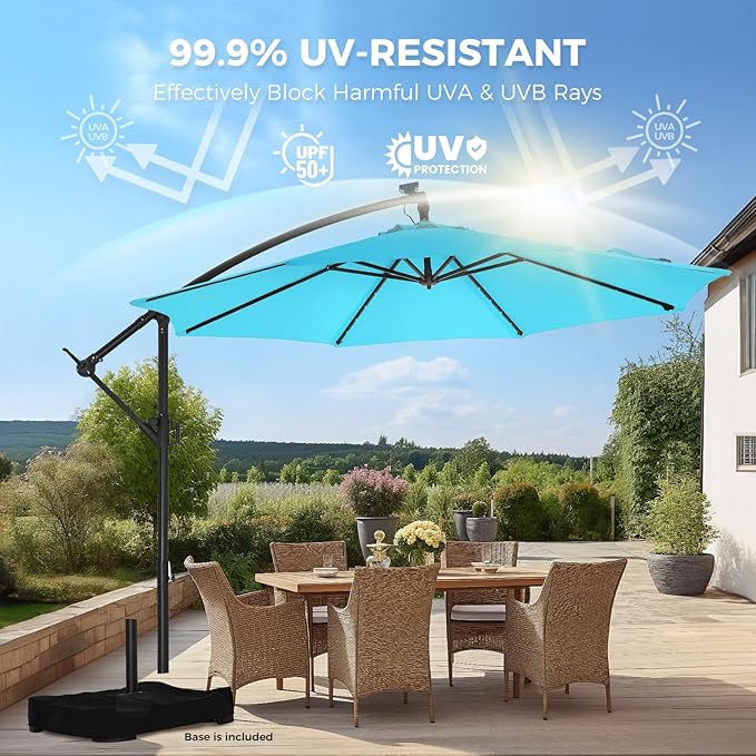 HOMSHADE 10ft Solar Lights Offset Cantilever Patio Umbrella - with Light and Base, LED Lighted Offset Hanging Patio Outdoor Market Umbrella UPF50+ UV Protection with Easy Tilt and Crank (Light Blue)