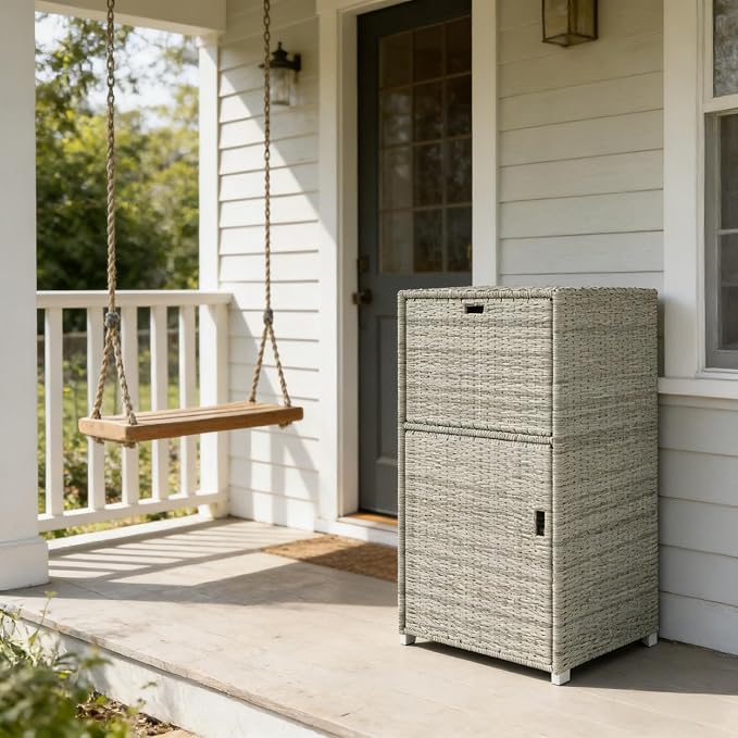 PE Rattan Outdoor Deck Box and Storage Cabinet for Patio and Poolside, Vertical Wicker Towel Rack with Drawer and Magnetic Doors for Backyard Organization, 23.6 x 23.6 x 47.2 Inches, Gray