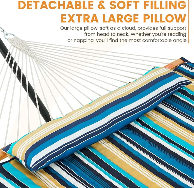 Lazy Daze Hammocks Rope Hammock with Pad, Spreader Bar, Carabiners, Tree Straps, Chains for Outside Patio- Max 450 Lbs, Beach Stripes