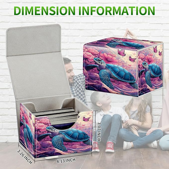Card Deck Box for MTG, Cards Storage Box Fits 120+ Sleeved, Leather Small Size Strong Magnetic Closing Card Case for Board Games Magic TCG CCG Baseball Collection, Pink Flower Turtle