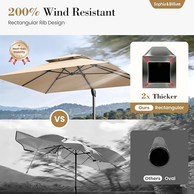 Sophia & William 12ft Cantilever Patio Umbrella with Base, Outdoor Offset Large Rectangular Umbrellas with 360-degree Rotation, Aluminum Pole for Garden Pool Backyard, Beige