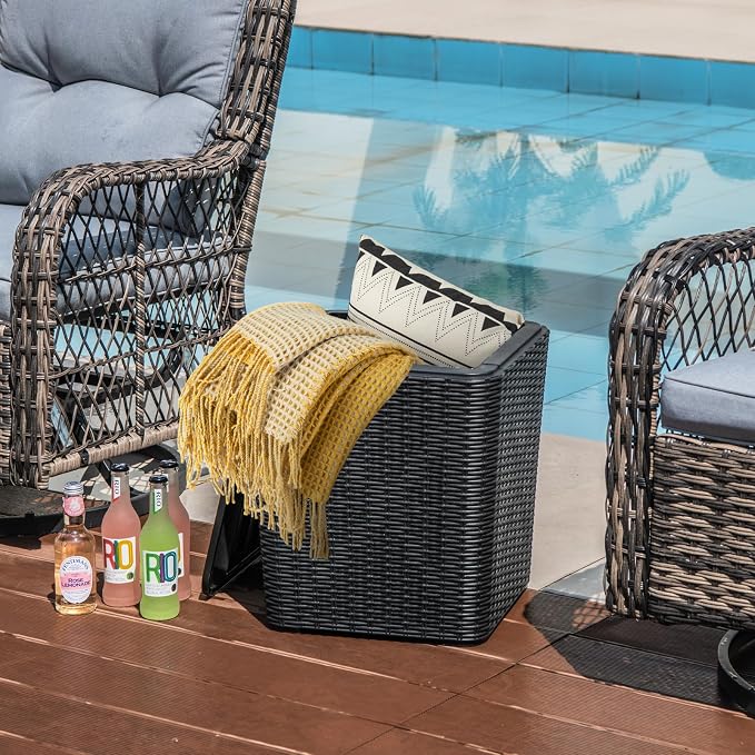 LDAILY 11.5 Gallon Outdoor Storage Box, Deck Box with Table Top & Stool, Resin Wicker Patio Side Table with Storage, Removable Lid, 330Lbs Capacity for Poolside, Balcony (Black)