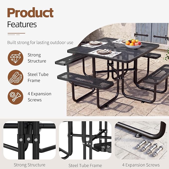 46" Square Metal Picnic Table with 1.73" Umbrella Hole, Commercial Steel Picnic Table, Heavy Duty Picnic Tables with Benches for Outdoor Garden Courtyard BBQ, Black