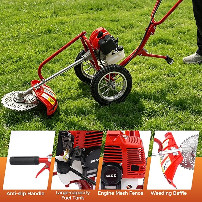 2 Stroke Hand Push Lawn Mower, 49CC Gas Powered Walk Behind Weed Wacker, 6500-7000R/Min Walk Behind String Trimmer with 0.95L Fuel Tank, Gas Weed Eater for Mountains, Hills, Plains