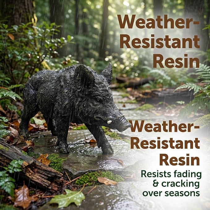 Rustic Wild Boar Garden Statue, Black, 21.26 Inch Resin | Animal Sculpture, Textured Fur & Prominent Tusks, Outdoor Ornament, For Lawn, Patio & Woodland Landscape