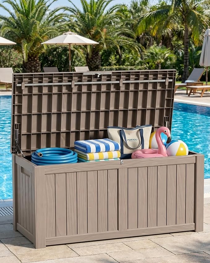 MAKINO 155 Gallon Waterproof Outdoor Storage Box, Large Lockable Deck Box, Indoor Outdoor Resin Storage Bench with Hydraulic Rod for Patio/Cushions/Garden Tools/Backyard/Pool Accessories, Grey Brown