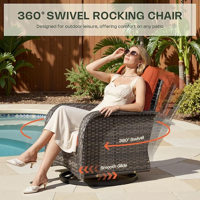 3-Piece Patio Furniture Set, Outdoor Wicker Furniture with Coffee Table, High Back Swivel Rocker Patio Chairs, Modern Rattan Outdoor Chairs Conversation Set for Porch, Balcony, Garden, Orange-Red