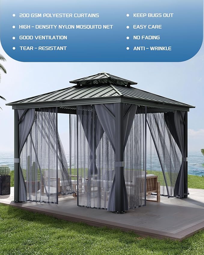 10x10 FT Hardtop Gazebo with Double Metal Roof, Aluminum Frame Permanent Pavilion with Curtains and Netting, Outdoor Gazebo for Patio Backyard Lawns