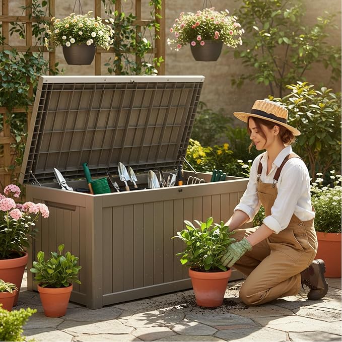 269 Gallon Large Outdoor Storage Box, Waterproof Deck Box with Lockable Lid, Resin Outside Storage Box for Patio Furniture, Pool Accessories, Garden Tools, Storage Bench for Backyard, Porch, Coffee