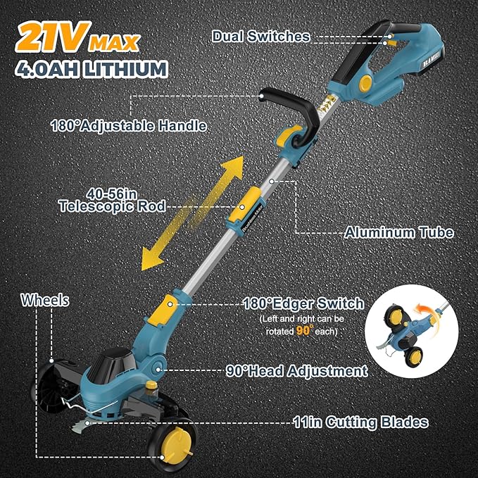 Weed Wacker Cordless - Brushless Electric Weed Cordless Eater Battery Powered with 2 X 4.0Ah Batteries, Cordless Brush Cutter, 3 in 1 Edger/Mower/Grass Trimmer, 4 Types Blades
