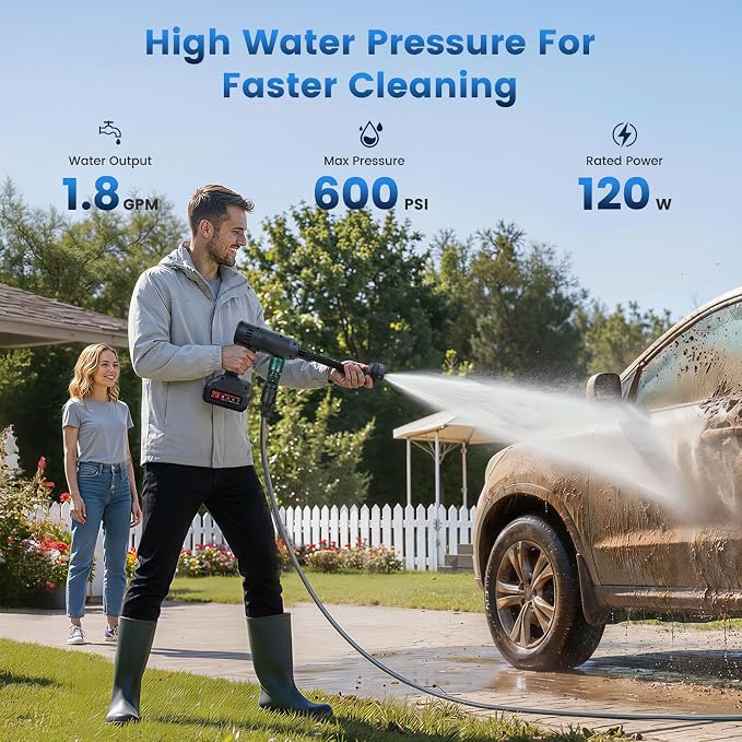 Cordless Portable Washer, 600PSI Portable 3000mAh Cleaner with 6-in-1 Nozzle & 2 Batteries and Shut-Off Valve Garden Hose Adapter for Watering, Cleaning, Car, Floor Wall Fence Cleaning