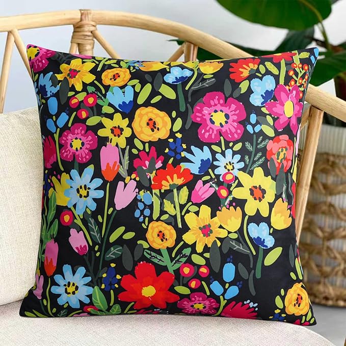 Adabana Spring Summer Outdoor Waterproof Floral Pillow Covers Set of 2 Square Colorful Couch Cushion Cases 16x16 Inch Waterproof Decorative Pillows for Patio Garden Beach,Black