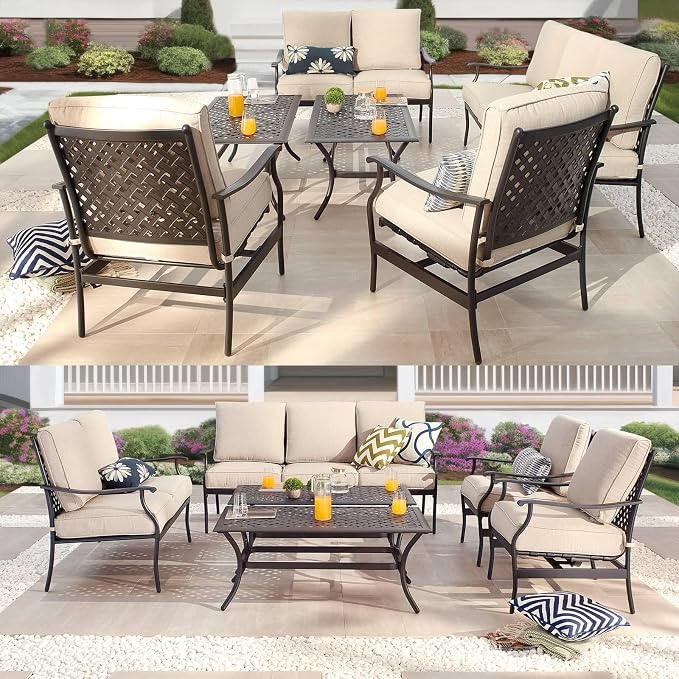 Patio Conversation Set 6 Pieces Outdoor All Weather Furniture Seating Sets with Beige Thick Cushions