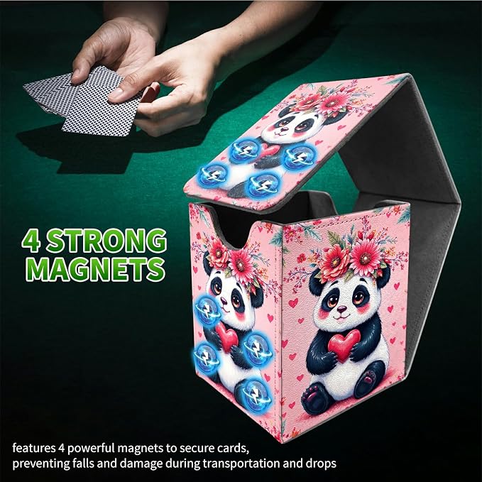Pink Panda Card Deck Box for MTG, Personalized Card Storage Case Fits 120+ Sleeved Cards, Premium Leather TCG Box with Strong Magnetic Closure for Magic, CCG, PTCG, Baseball Cards