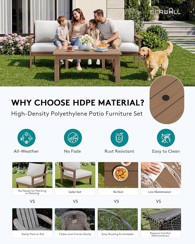 SERWALL HDPE Patio Sofa Set, 4-piece Sectional Outdoor Furniture Set, All Weather Outdoor Couch Set Patio Furniture Set for Deck, Lawn, Brown Frame with Khaki Cushion