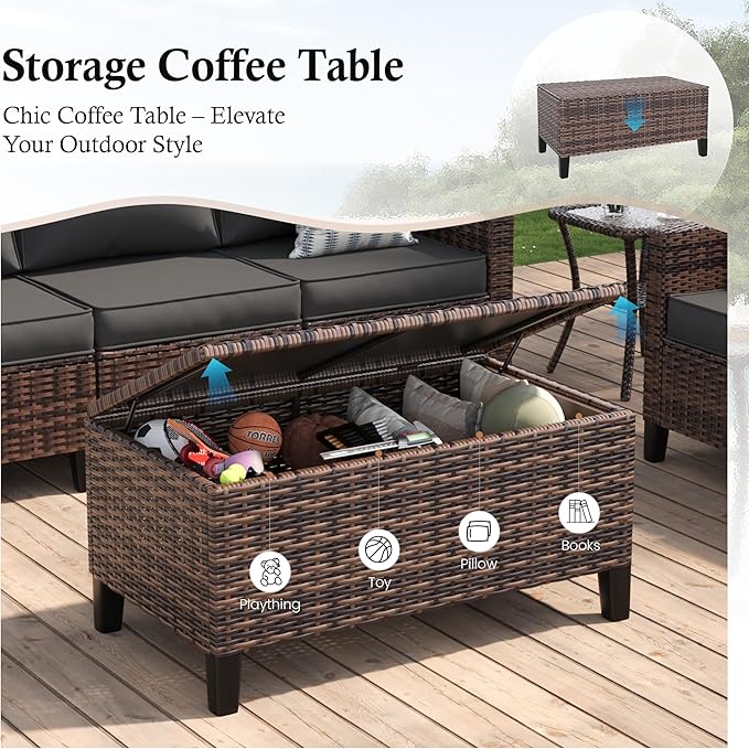 Amopatio Patio Furniture Set, 5-Piece Wicker Outdoor Sectional Sofa with Swivel Rocker Chairs, Rattan Conversation Set with Storage Coffee Table and Waterproof Cover for Backyard, Brown/Grey
