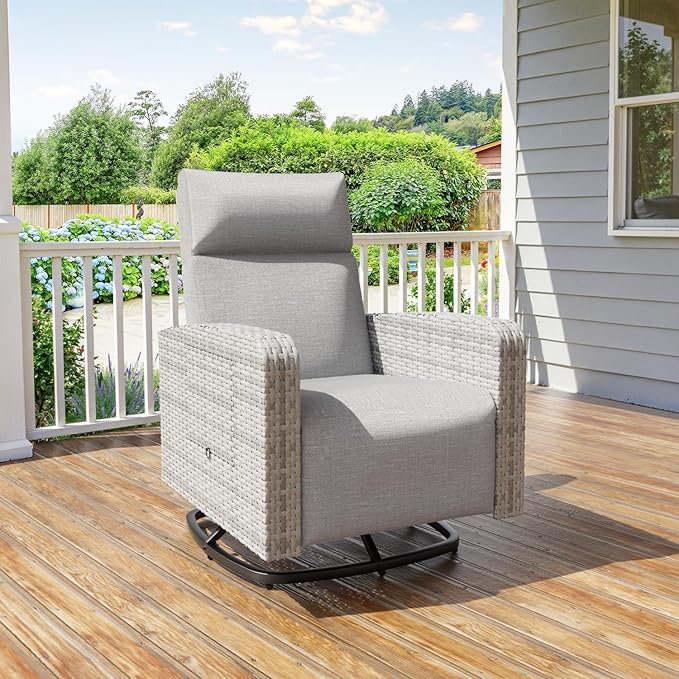Outdoor Recliner Chair,Reclining Patio Chair with Adjustable Back and Extended Footrest,All-Weather Wicker 360° Swivel Chairs with Flip-up Table for Pool Deck Balcony