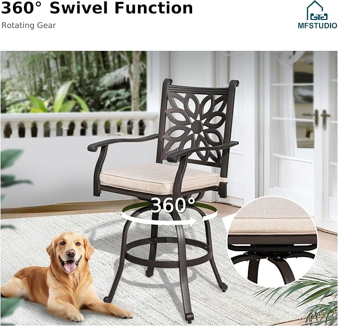MFSTUDIO 3 PCS Cast Aluminum Patio Bar Set, Square Outdoor Table with 2 Outdoor Swivel Bar Stools, Bar Height Outdoor Table and Chairs Set