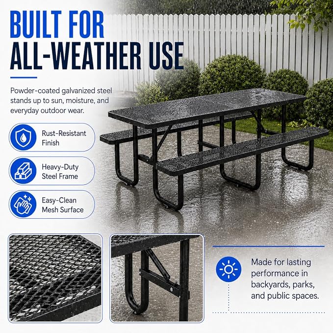 8FT Commercial Outdoor Metal Picnic Table with Umbrella Hole, Heavy-Duty Steel Patio Table & Benches, Seats 8-10 Adults, Weatherproof for Parks, Schools, Campgrounds & Backyards (Black)