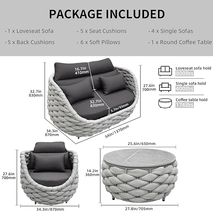 TWT 5 Pieces Patio Furniture Set Outdoor Rope Conversation Sectional Patio Sofa with 5 Seater for Backyard, Porch, Modern Armchairs with Thickness Cushions and Side Table