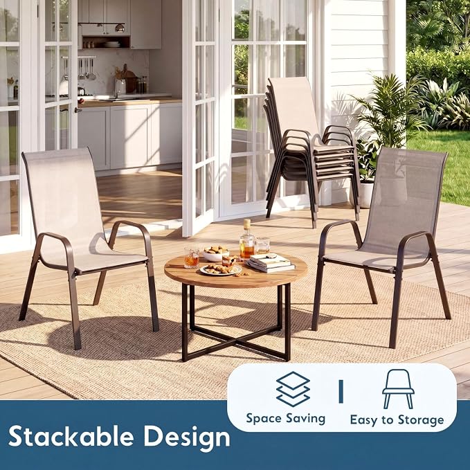 Arlopu 5 Piece Outdoor Patio Dining Set (Umbrella not Included), Porch Furniture with 4 Textline Chairs, 1 Square Glass Table for Garden, Backyard and Poolside, Lawn (Beige)