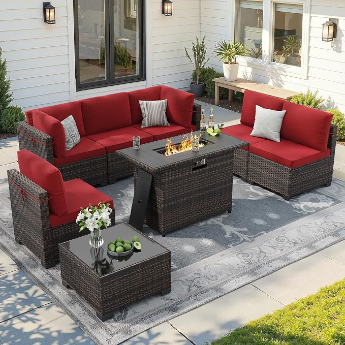 Soohow 8 Piece Patio Furniture Set with 44" Fire Pit Table, Outdoor Sectional Wicker Rattan Conversation Set for Garden, Porch, Backyard - Wine Cushions