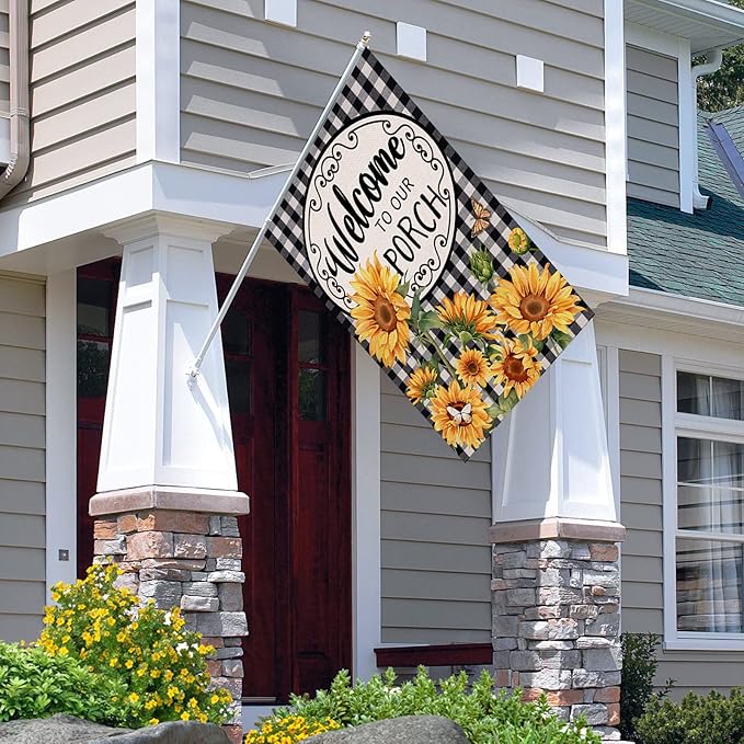 Home Decorative Welcome to Our Porch Spring Summer Sunflower House Flag, Black White Buffalo Plaid Check Yard Outside Decoration, Fall Autumn Farmhouse Outdoor Large Decor 28 x 40