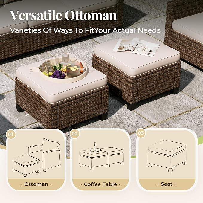 4 Pieces Swivel Wicker Patio Furniture Set, Rattan Outdoor Conversation Set with 2 Pieces Swivel Glider Chairs, 2 Pieces Ottomans, Beige