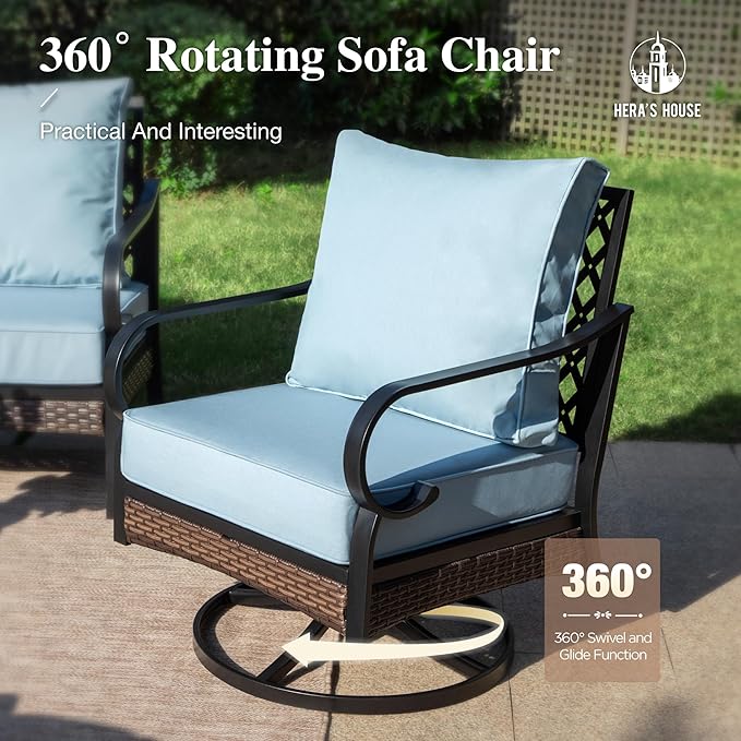 HERA'S HOUSE 5 Piece Metal Patio Furniture Set, 7 Seats All Weather Outdoor Conversation Set, 3 Seat Sofa with Loveseat, 2 Swivel Chairs, Coffee Table for Backyard, Garden, Deck, Blue