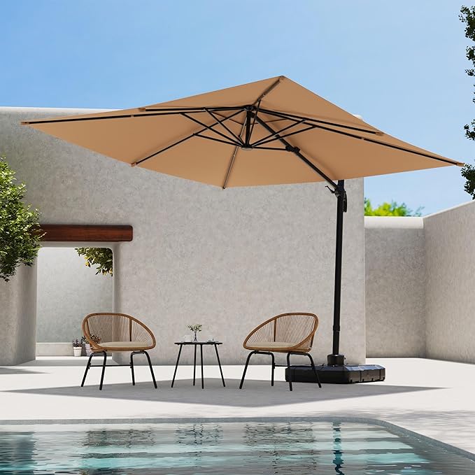 LAUSAINT HOME 9 FT Patio Umbrella, Outdoor Large Cantilever Windproof Patio Offset Umbrella with 360° Rotation for Backyard, Pool, Lawn, Deck (Square, Khaki)
