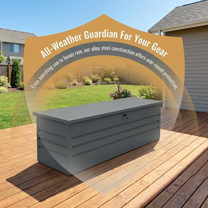 260 Gallon Metal Outdoor Storage Box, Large Patio Storage Container | Lockable Deck Box, Hydraulic Lid, Weather Resistant, For Furniture Cushions, Garden Tools, Pool Accessories