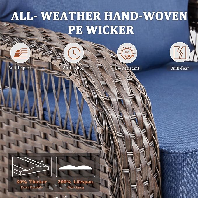 Patio Furniture Set with Fire Pit Table - 7 Pieces All-Weather Wicker Outdoor Furniture with High Back Swivel Chairs Set of 2 Outdoor Couch & Side Table for Deck Balcony Backyard Blue