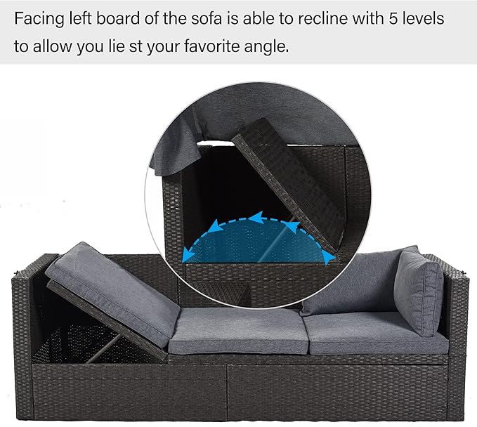 Bellemave Outdoor Daybed with Canopy Patio Furniture Set Wicker Rattan Outdoor Sofa Couch Nautica Backyard Sun Lounger Patio Conversation Set for Porch Garden Poolside, Gray
