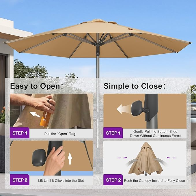 PURPLE LEAF 10FT Commercial Round Patio Umbrella Semi Auto Heavy Duty 1.9 Inch Aluminum Pole Wind Resistant for Business Restaurants Hotels Cafes Poolside Garden Deck Beige