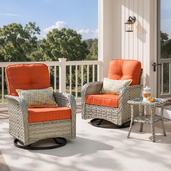 Outdoor Swivel Rocking Chair Set of 2 with Coffee Table, Wicker Patio Glider Chairs with 4 Inch Thick Cushions, 350lbs Capacity High Back Rattan Furniture Set for Sunroom and Small Spaces, Orange