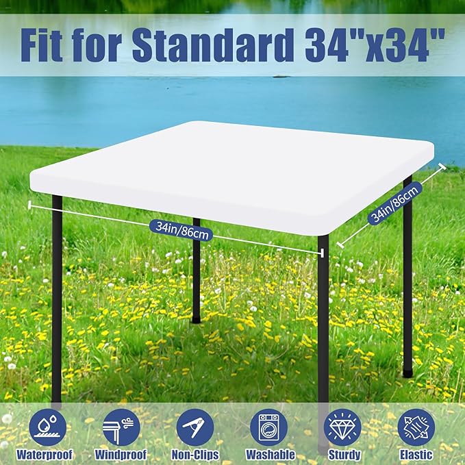 Moosfor Spandex Picnic Table Cloth 2 Pack, Elastic Fitted Tablecloths for Square Tables, Stretch Washable Patio Table Cover for Outdoor, Camping, Banquet and Parties (White, 34"x34")