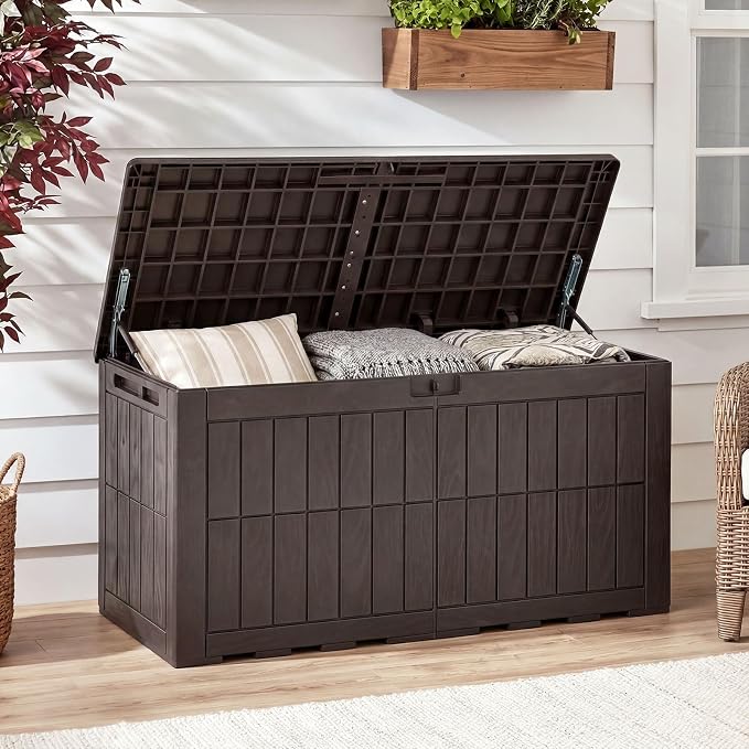 HAPPYGRILL 100 Gal Outdoor Deck Box, Lockable Storage Bin with Lid and Handles, Waterproof and Sun-Protective Patio Bench and Storage Box for Garden Tools Pool Supplies (Dark Brown, 100Gallon)