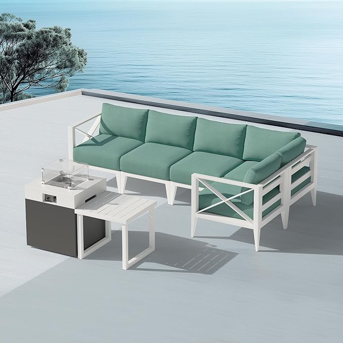 MBY 5-Seat Aluminum Patio Conversation Set with Corner Sofa & 37,000 BTU Fire Pit Table, All-Weather Outdoor Sectional Furniture with Glass Wind Guard – White for Balcony, Backyard, Garden