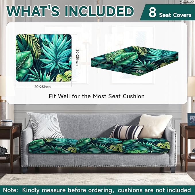 CALBODE 8 Pcs Stretch Outdoor Seat Cushion Covers, Washable Chair Seat Cover for Patio Furniture Cushions Soft Indoor and Outdoor Couch Cover Replacement (Green Tropical Leaves, Cover Only)
