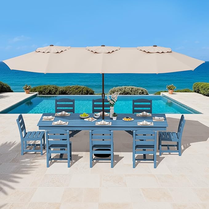 SERWALL 9 Piece Outdoor Dining Set, 84" HDPE Outdoor Table and Armless Chairs Set for 8，All Weather Patio Furniture Set with Umbrella Hole for Backyard, Garden, Blue