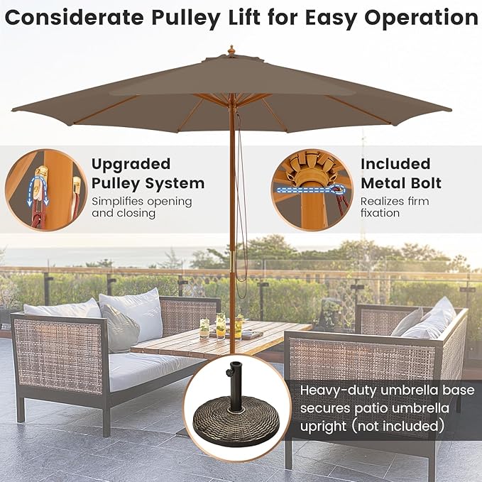 Tangkula 10FT Patio Umbrella, Outdoor Table Market Umbrella w/8 Wooden Ribs, 3 Adjustable Heights, Rope Pulley System, Detachable Pole, Wooden Patio Umbrella for Garden, Poolside, Backyard (Tan)