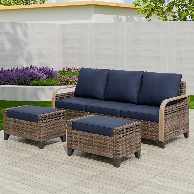 EAGLE PEAK Modern Wicker Outdoor Patio Furniture Set, Patio Conversation Set, a 3-Seat Loveseat and 2 Ottomans, 3 Pieces, Brown/Blue