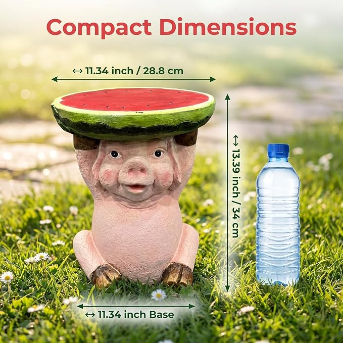 13.4 Inch Tall Pig Side Table Garden Decor Outdoor Resin Statue | Whimsical Watermelon Tray, Plant Stand, End Table Figurine, Weather Resistant