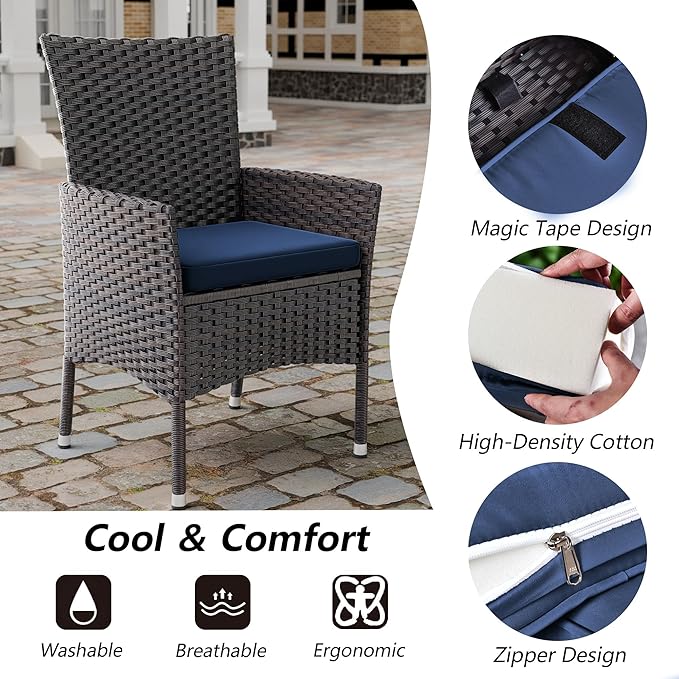 Kullavik 5 Pieces Outdoor Dining Set Patio Rattan Furniture Set,Patio Dining Table and Chairs Set with 4 Chairs and Cushions,Square Glass Tabletop with Umbrella Hole for Patio,Backyard,Navy Blue