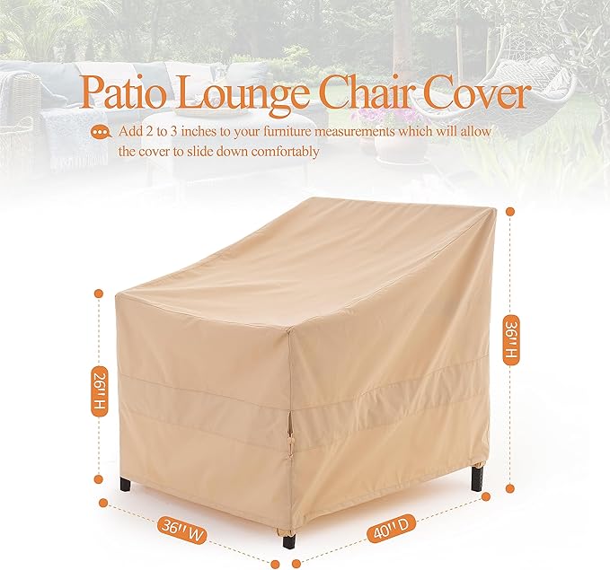 WJ-X3 Patio Chair Cover, Outdoor Furinture Covers, Heavy Duty, Waterproof Lawn Chair Cover, 36W x 40D x 36H, Beige, 1-Pack